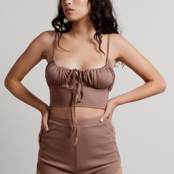 SHEIN Tops - Shein Women’s Tan Ribbed Cottage Crop Top with Ruffle Hem